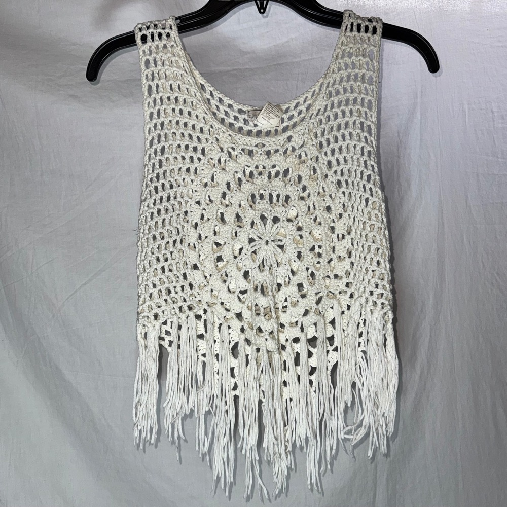 Cream Crochet Mandala Fringe Tank Top WoWo Boho Festival Sleeveless Medium